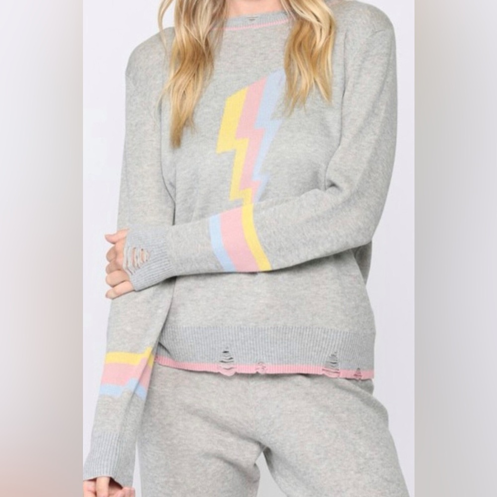 FABRIK Light Gray Lightning Bolt Knit Sweater with Pastel Stripe Detail